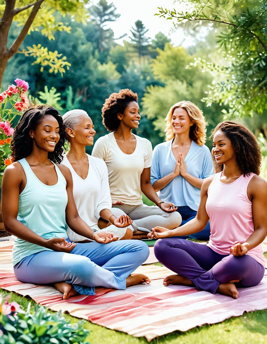 A serene and uplifting scene depicting a diverse group of women in stylish, comfortable clothing engaging in self-care activities, surrounded by nature. Brightly colored flowers and soft sunlight create a warm ambiance, symbolizing hope and healing during a cancer journey. Include elements like yoga mats, herbal teas, and cozy blankets to emphasize wellness and self-love. The women share smiles and positive energy, embodying empowerment through fashion and self-care. watercolor style. vibrant colors. soft focus.