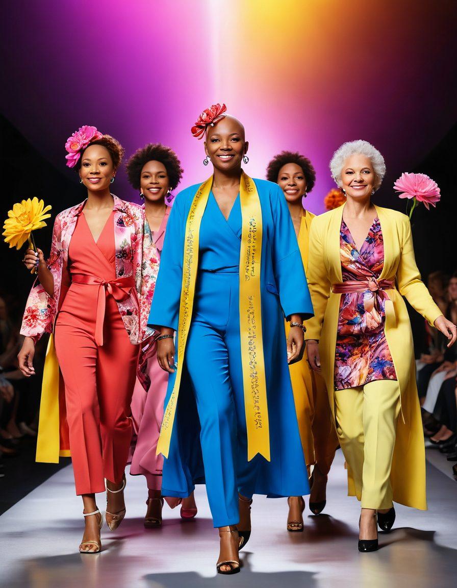 A powerful scene depicting a diverse group of cancer survivors confidently walking down a runway in vibrant, stylish outfits. Each individual carries a symbol of survival, such as a ribbon or flower, while a supportive audience claps and cheers. The backdrop showcases an artistic blend of awareness ribbons and floral motifs, representing hope and resilience. The atmosphere should convey empowerment and unity, illuminated with radiant lighting. super-realistic. vibrant colors. dynamic composition.