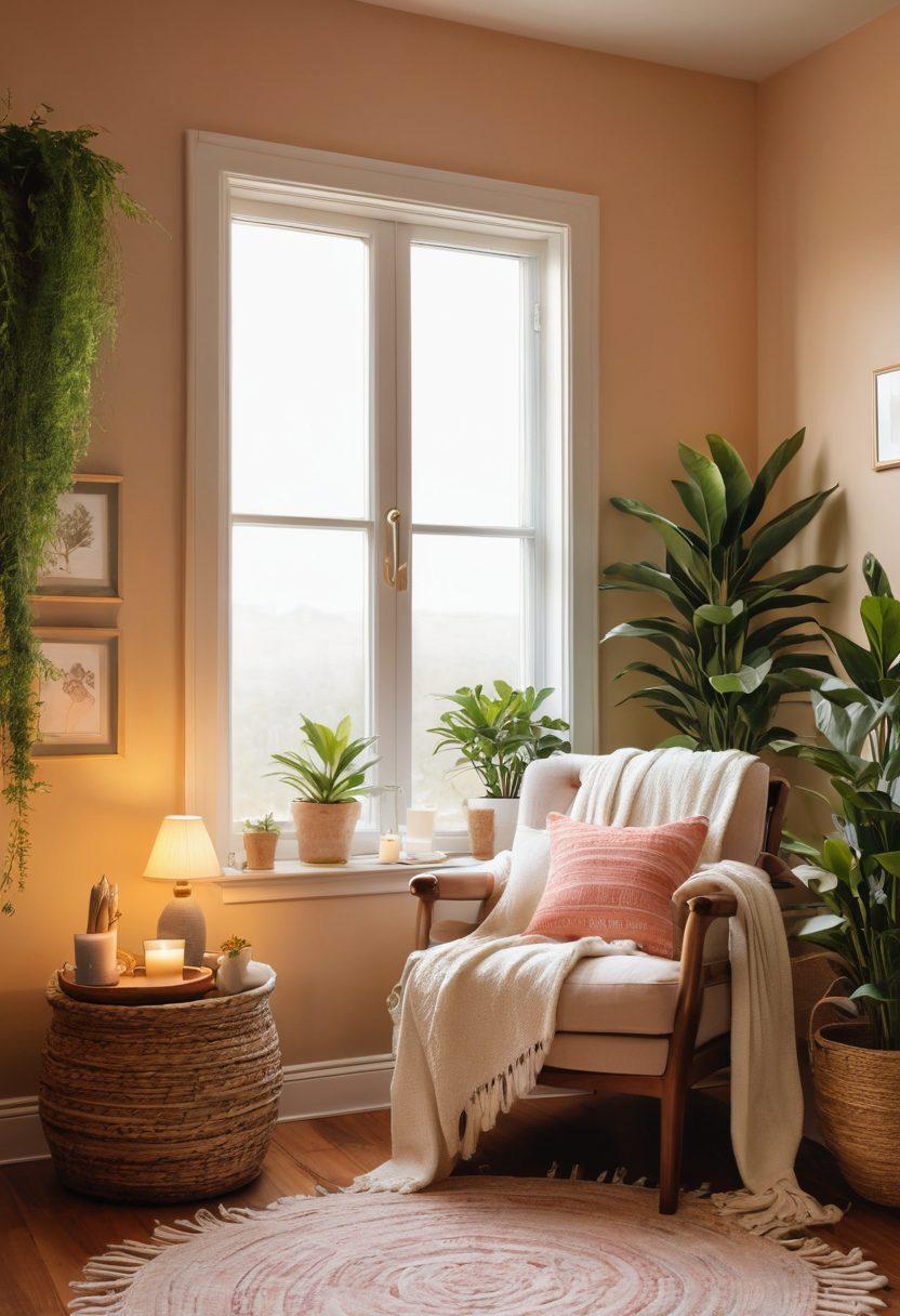 A beautifully designed cozy room featuring a stylish armchair, soft lighting, and calming colors. Include decorative plants and a serene window view that symbolizes hope and serenity during the cancer journey. Showcase self-care items like a journal, herbal tea, and a vibrant blanket to emphasize well-being. The atmosphere should radiate warmth and comfort, inviting the viewer to embrace self-care. super-realistic. vibrant colors. peaceful ambiance.